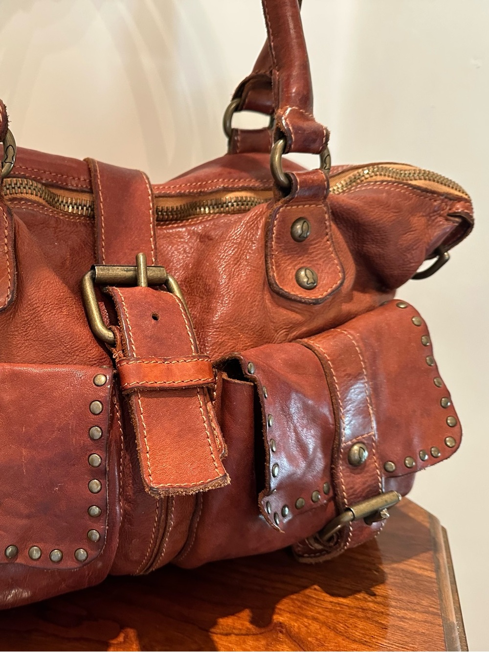 Cognac  Brown Leather Studded Satchel Bag - Campomaggi brand